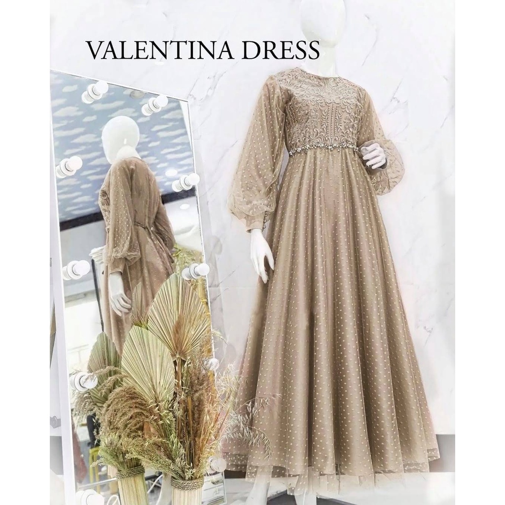 ELDE 77 - Maxy Dress Valentina ( L - XL - XXL ) Maxi Bahan Brukat Tile Mutiara Mix Tile Dot Lapis Velvet Full, Sleting Blkg, Aplikasi Mote Tembak Dipinggang, Rok Lebar 2.4m