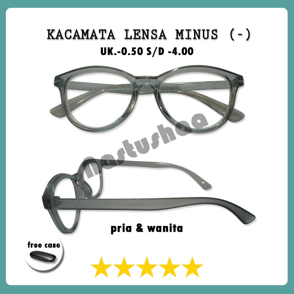 Kacamata Lensa Rabun Jauh Cowok Cewek Tersedia Ukuran -0.50 s.d -4.00 Kacamata Minus Bingkai Abu-Abu Transparan Oval Unisex FREECASE