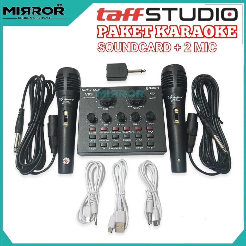 Satu Paket Alat Karaoke Mixer Mini Soundcard Bluetooth V8S TaffSTUDIO &amp; 2 Mic Gratis Spliter