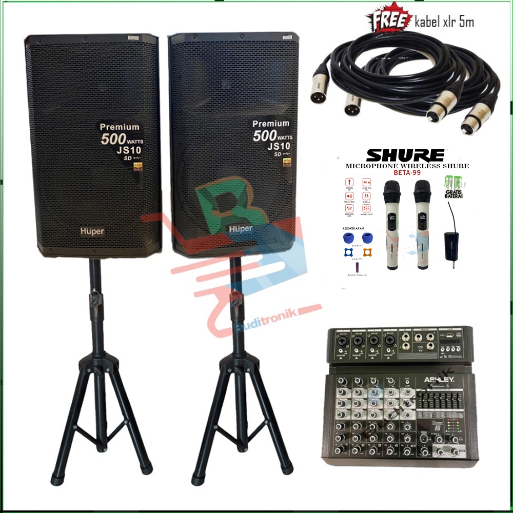 Paket Sound System Speaker Aktif Huper JS 10 + Mixer Ashley Original / Speaker Karaoke / Speaker Out