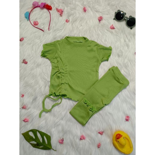 JUNIOR 6-7 TAHUN Set Kerut Ruffle Knit Tee XXL | Baju Setelan Anak Perempuan Kerut Bahan Rib Knit | Oneset Anak Perempuan