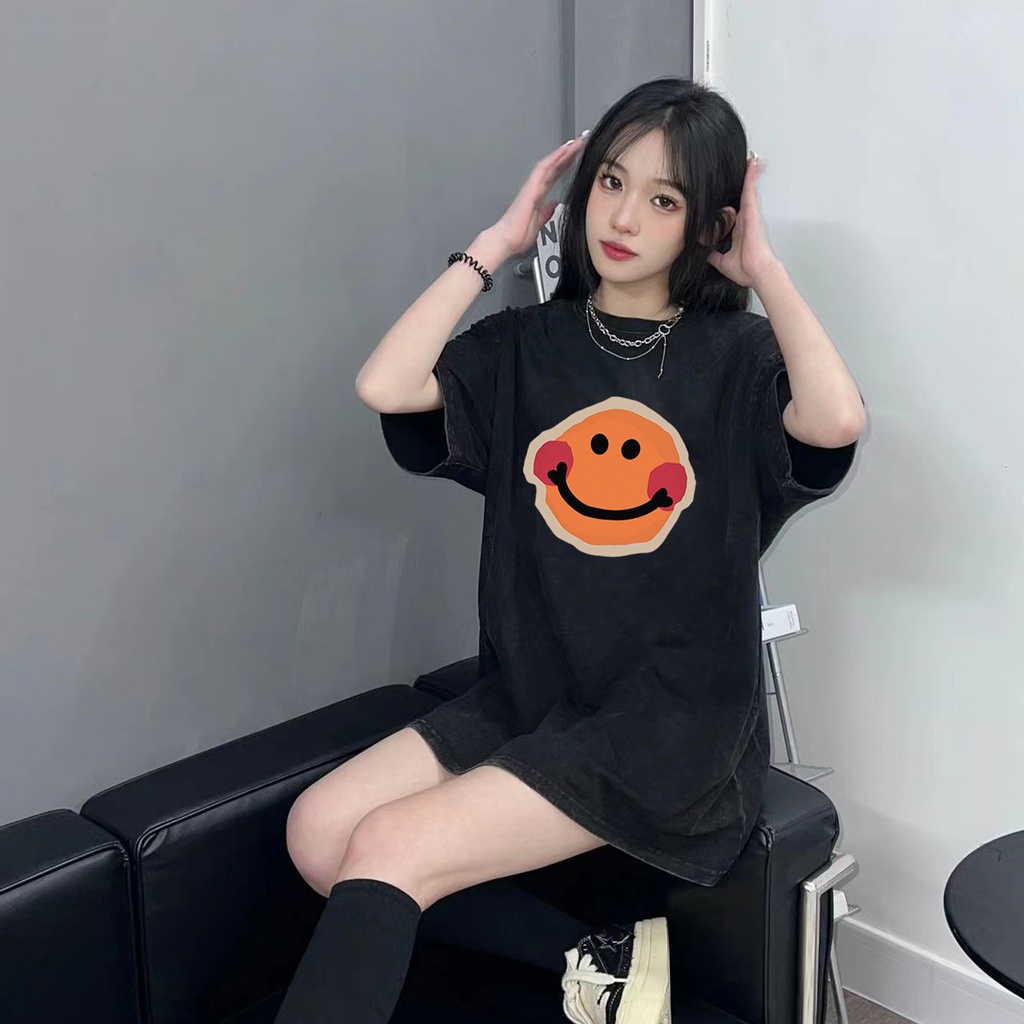 XIAOZHAINV Korean Style Smiley Pattern Washed Printing Kaos Wanita A0089