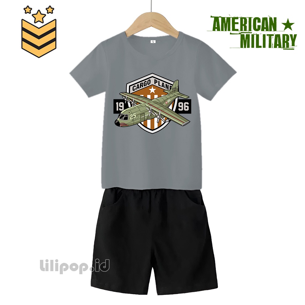 Baju Anak Stelan Kaos 3/4  bomb plane military Cowok Cewek  Usia 2 - 7 Tahun Celana Pendek Harian