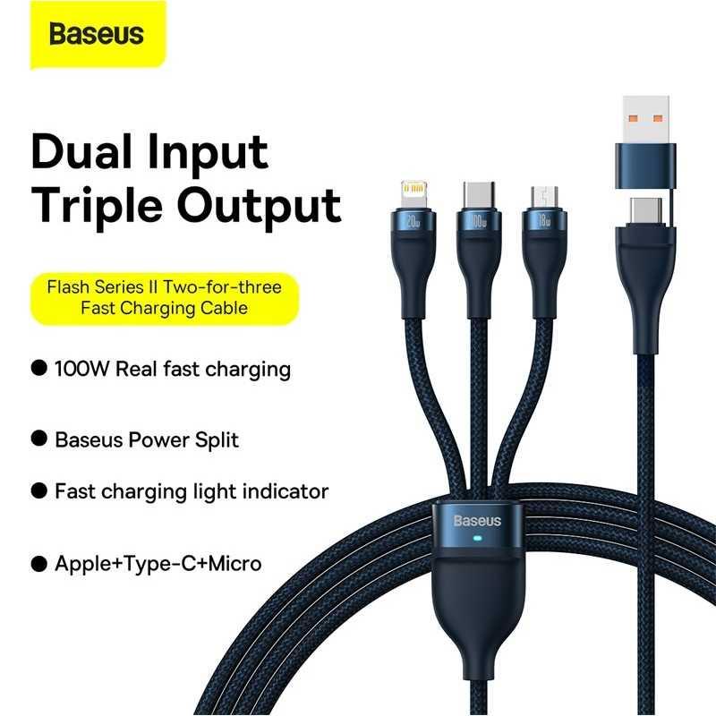 Baseus Kabel Charger Type C Micro USB Lightning 2 in 3 100 W 1.2 M - CB000003 - Black