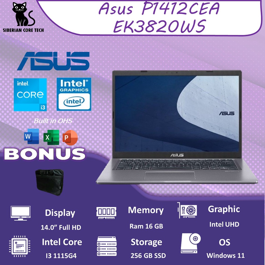 ASUS P1412CEA EK3820WS I3 1115G4 8GB 256SSD W11+OHS 14.0FHD FP 2YR GRY