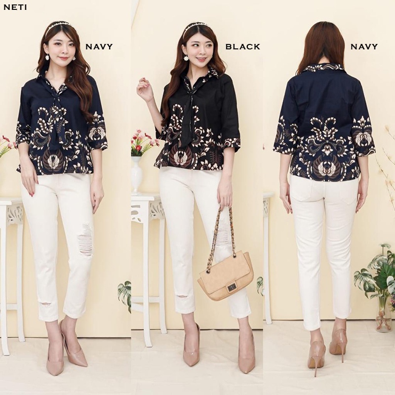 Evercloth Neti Blouse Wanita Atasan Wanita Blouse Batik Wanita Atasan Batik Wanita Kemeja Kerah Dasi Syal Batik Couple Seragam