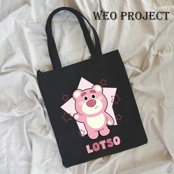 TOTE BAG KANVAS HITAM MOTIF LOTSO TOY STORY