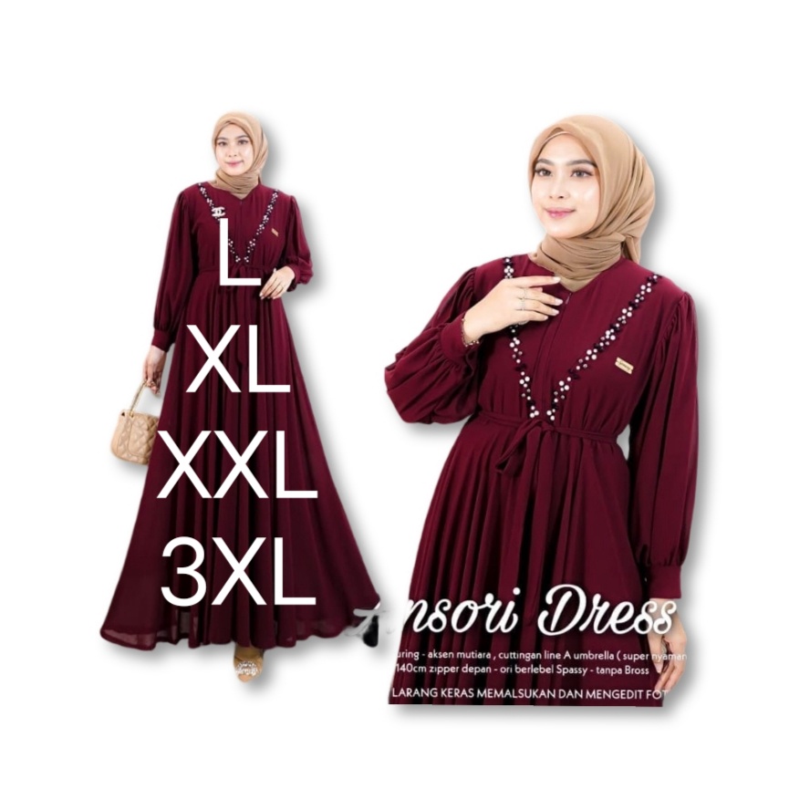 Ansori Dress Gamis Ceruty Babydoll Full Puring Aplikasi Mutiara Terbaru Premium
