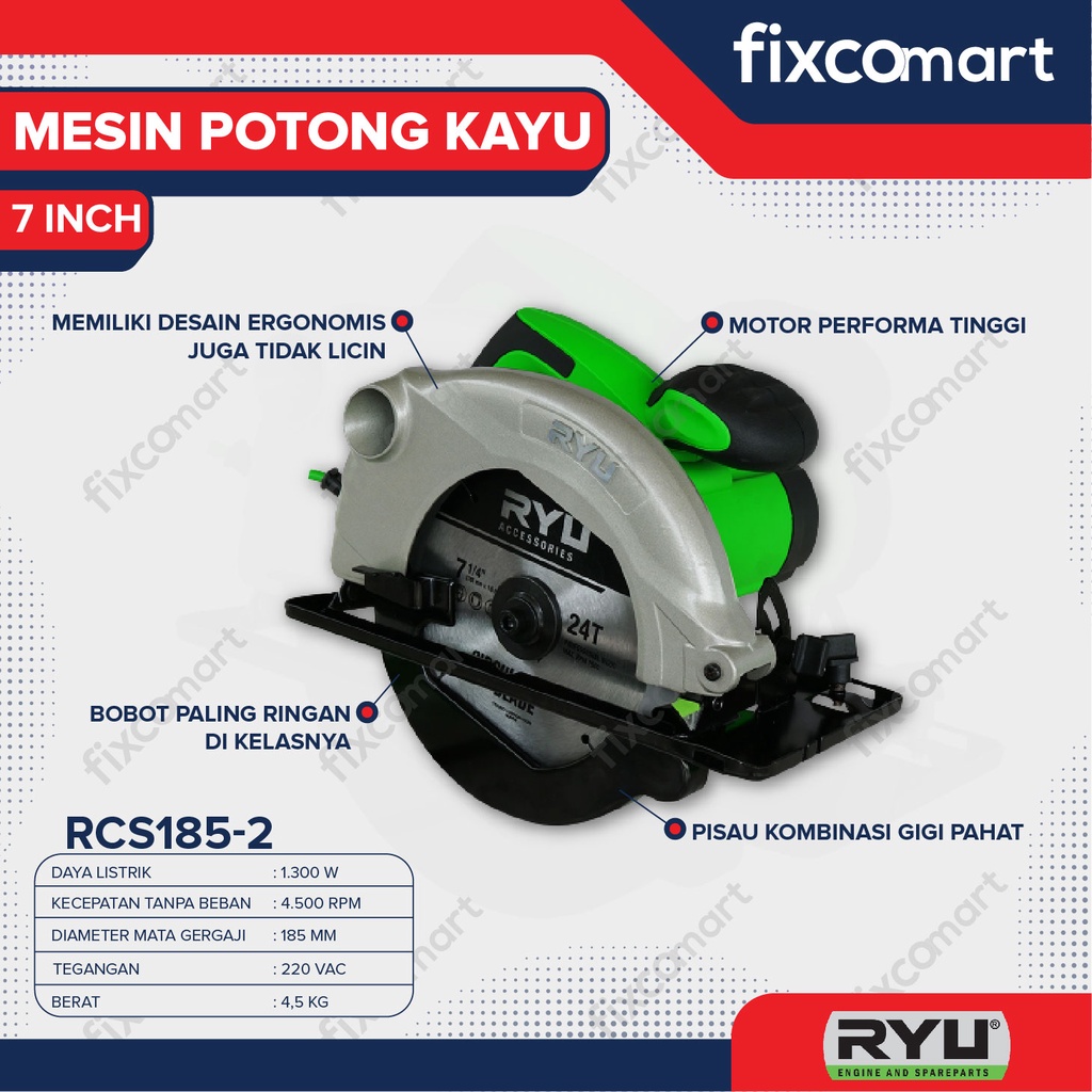 RYU Circular Saw / Mesin Potong Kayu 7 Inch RCS 185