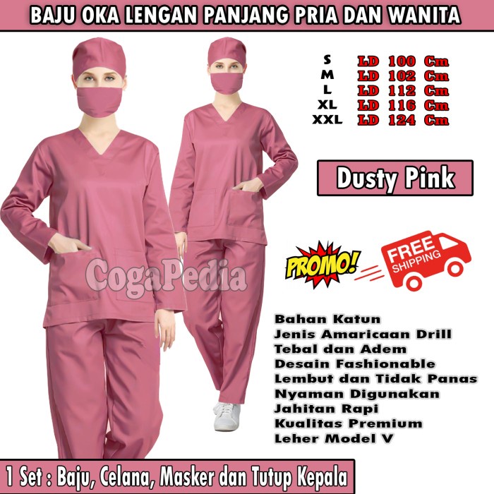 Baju Suster Baju OK Lengan Panjang Seragam Perawat Dokter Bidan suster Scrub Medis - dusty pink, S(A