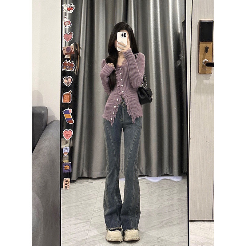 Red Ungu bertepi mentah V-neck sweater wanita musim semi dan musim gugur budidaya diri pelangsingan rasa desain niche chic awal musim semi rajutan cardigan top