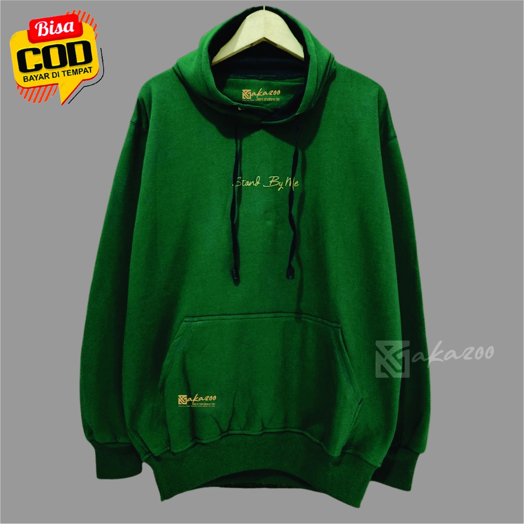 hoodie distro pria original bahan flece Sablon stand by me Warna Hijau Botol sweater oversize pria xxl hoodie distro bandung akazoo.id