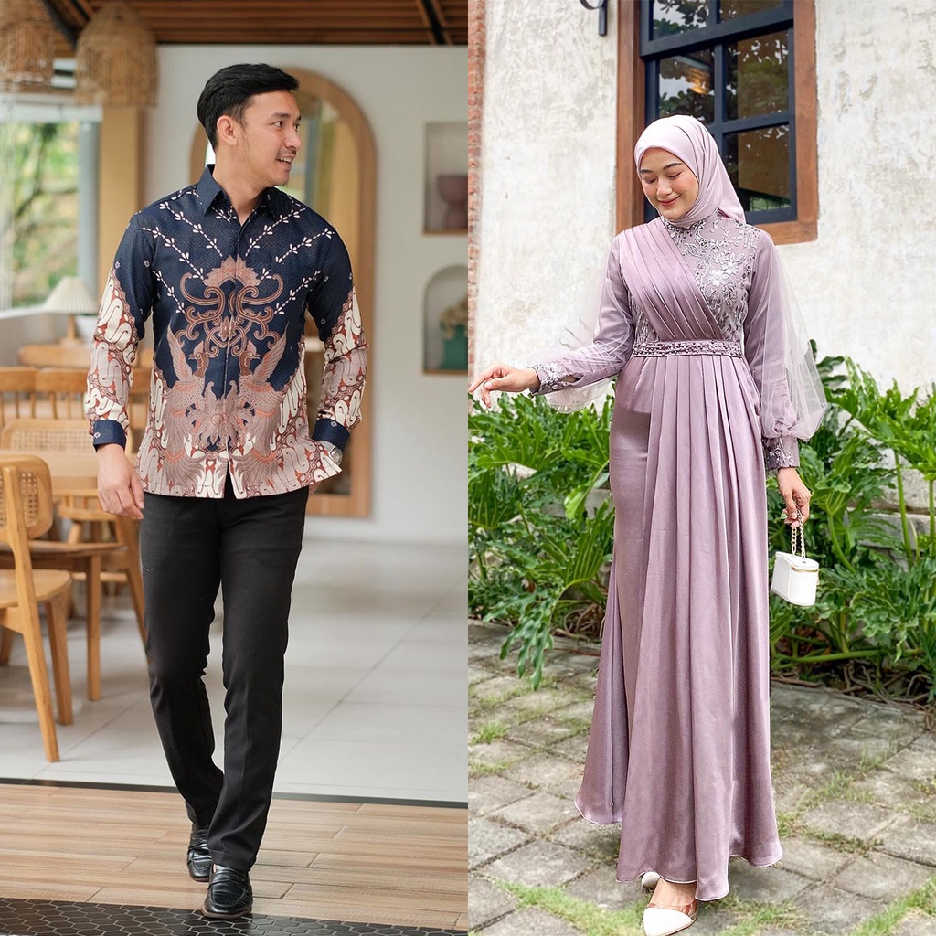 MAXI DRESS MELODY MAUVE SERIES - Griya Batik Couple - Baju Couple Batik Dress Elegant Pesta Kondangan Lamaran Bridesmaid - Dress Lebaran Modern Terbaru 2023 - Gamis Wanita Brukat Tulle Mutiara Mix Velvet - Couple Tunangan Simple