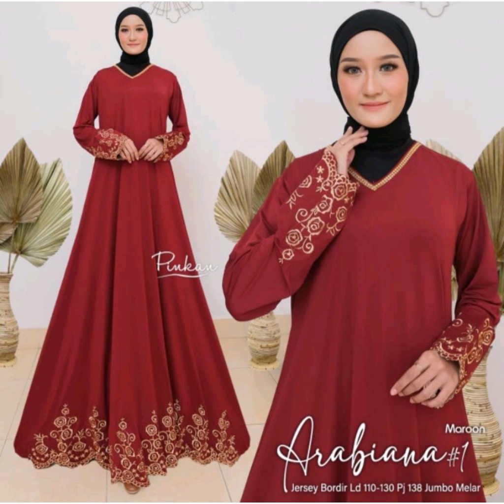 Gamis Muslim Jumbo Jersey Motif Bordir xxxl Ld 130cm Arabiana #1 Turkey Maxy Turqi Abaya Gamis Lebaran Remaja Muslimah Terbaru Seragaman Pengajian Murah Dress Wanita Muslimah Syar'i Gamis Polos Tebal Premium Warna Hitam