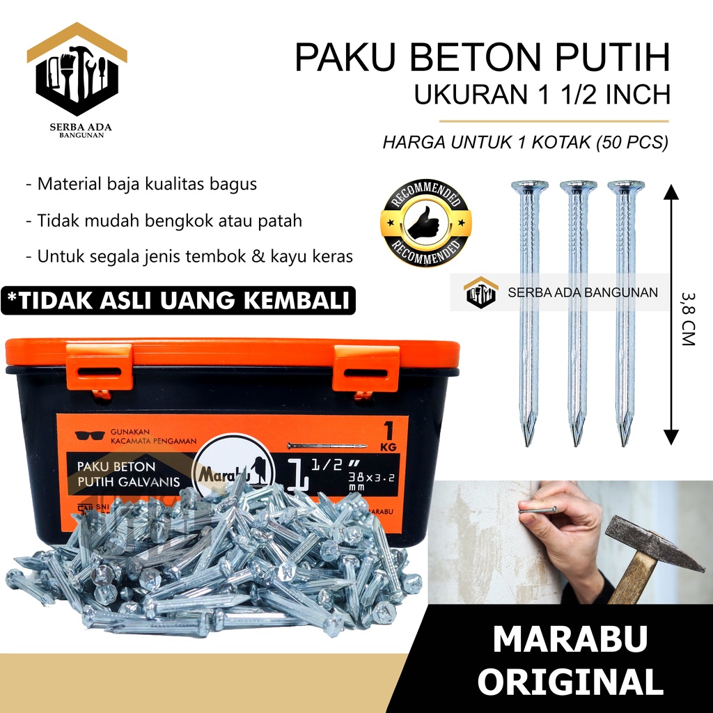 Paku BETON PUTIH GALVANIS MARABU ORI 1&quot; 2&quot; 3&quot; 4&quot; / 3 4 5 7 10 cm Dinding Tembok Kayu Alumunium Pvc