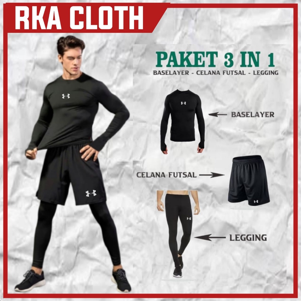 Full Set Baju Manset Celana Legging Pria Olahraga Celana Pendek Sport Futsal Sepak Bola Jogging