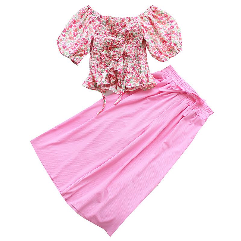 Setelan Anak Perempuan Celana Kulot Panjang Fashion Import - Motif Bunga Serut
