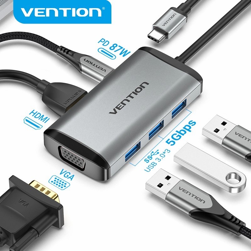 Vention USB Hub 6 In 1 Converter USB Type C To HDMI VGA USB3.0 PD