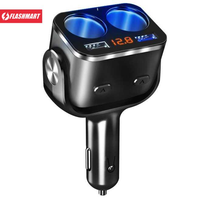 Flashmart Car Charger 2 USB Port QC3 + 2 Cigarette Plug LCD Display - Y34Q