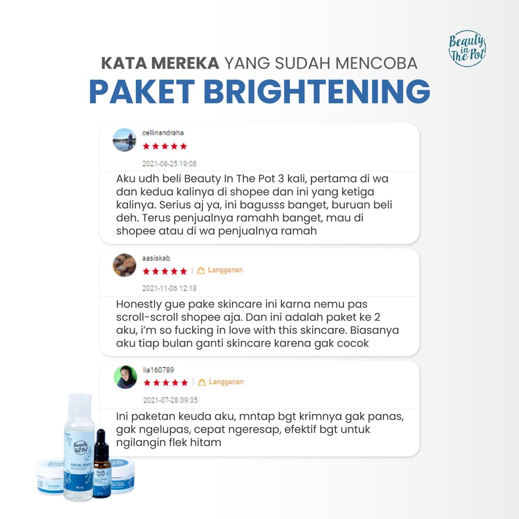 [4 paket] Brightening Series - Beauty In The Pot - Skincare Alami BPOM Mencerahkan Wajah, Memudarkan Flek Hitam, &amp; Mencegah Penuaan Dini