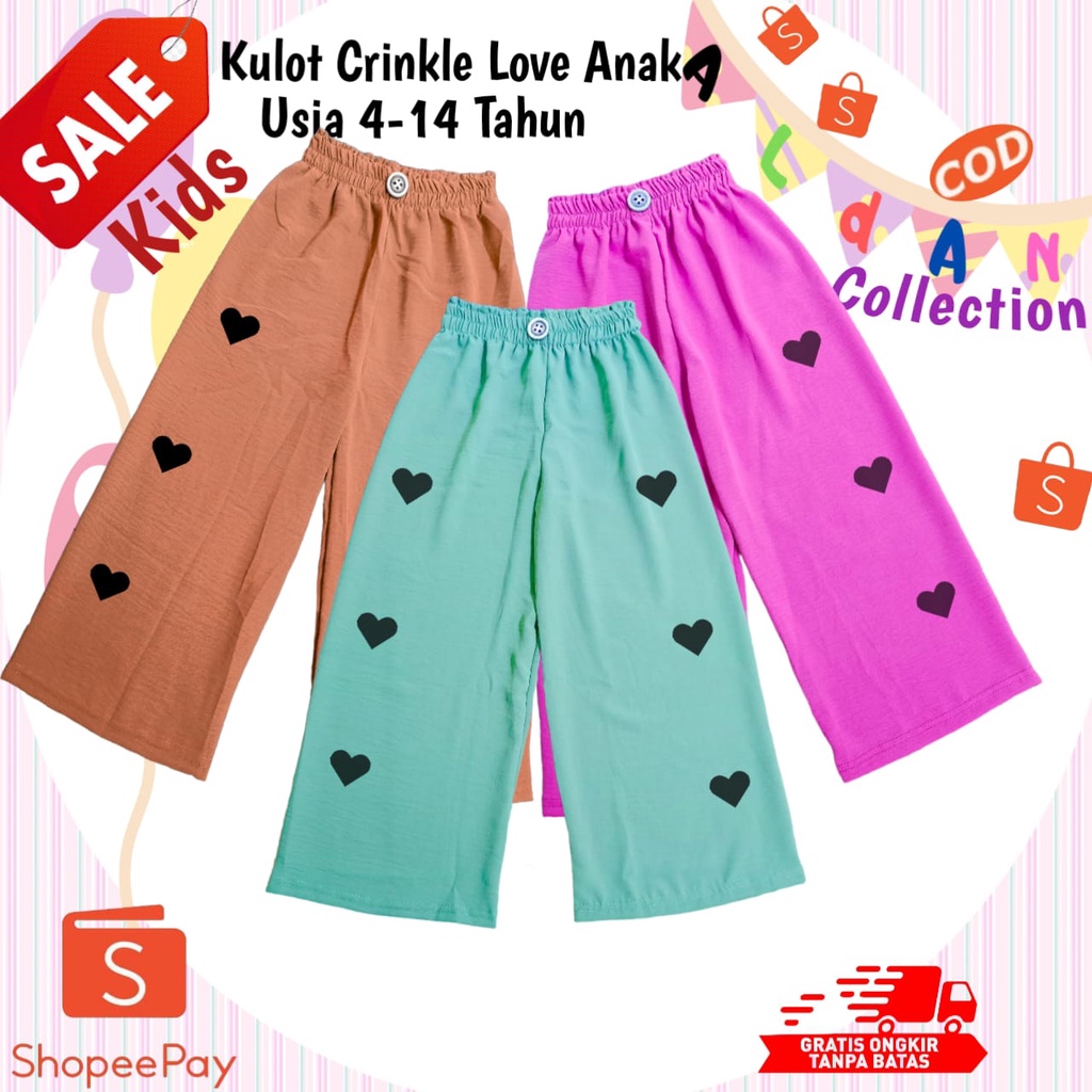 Kulot Crinkle Love Anak Perempuan Usia 4-14 Tahun / Kulot Crinkle Anak / Celana Crinkle Anak / Kulot Anak Perempuan / Celana Anak Perempuan