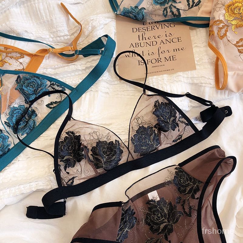 Mesh industri berat bordir renda segitiga cup tanpa cincin baja set pakaian ultra tipis bra