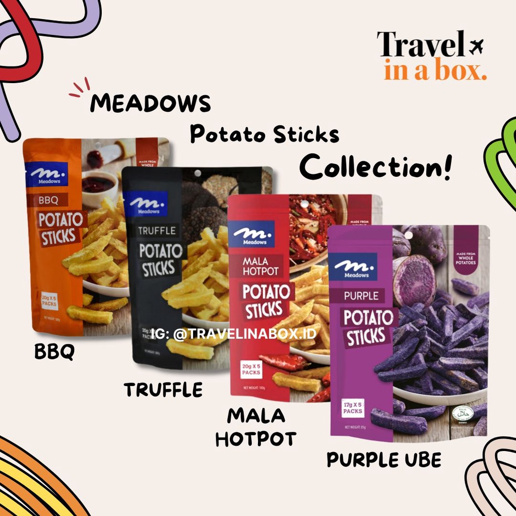 MEADOWS POTATO STICKS TRUFFLE, BBQ, MALA HOTPOT, PURPLE UBE 100GR SNACK IMPORT SINGAPORE