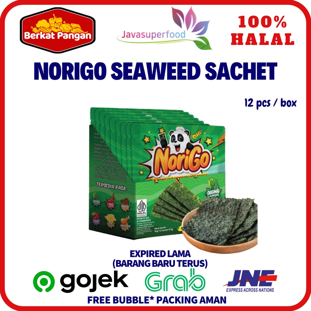 Norigo (1 BOX ISI 12 PCS) / Nori Sachet Seaweed Snack 3g Rumput Laut Halal