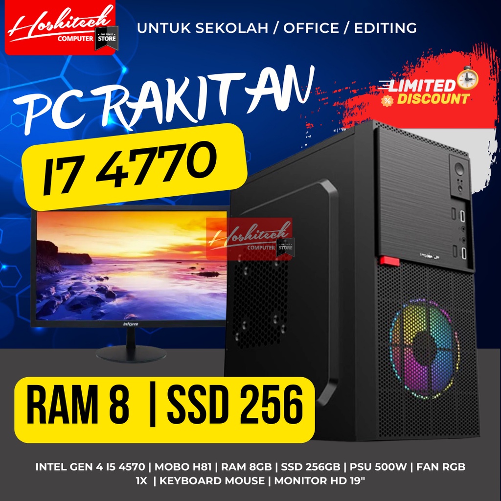 PC RAKITAN I7 INTEL 4770 RAM 4GB SSD 256GB MONITOR 19 INCH MURAH