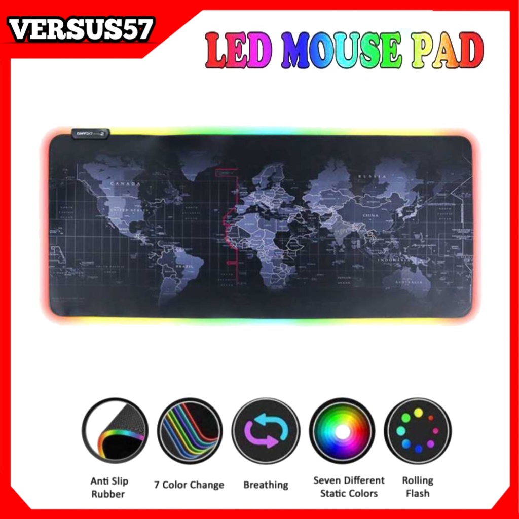 Mouse Pad Gaming XL LED RGB Peta Dunia Matras Meja Ukuran Besar Anti Slip, Bahan Soft