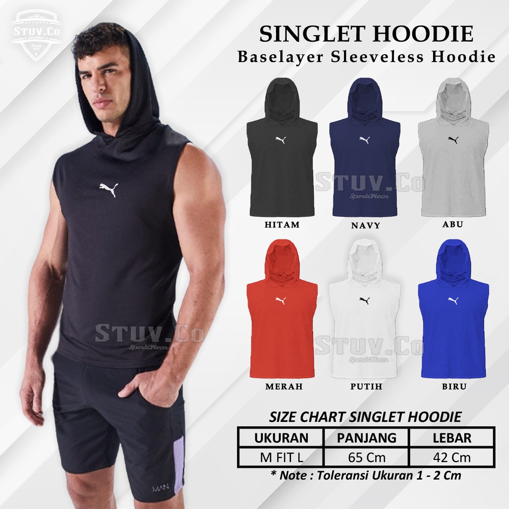 Manset Hoodie Pria Sleeveless Baselayer Singlet Kupluk Olahraga Gym Fitness Futsal Jogging Keren