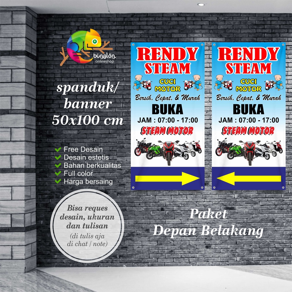 Spanduk Banner 50x100 Cm, Spanduk Cuci Motor Mobil Bulak Balik, Spanduk Cucian, Spanduk Steam Motor,