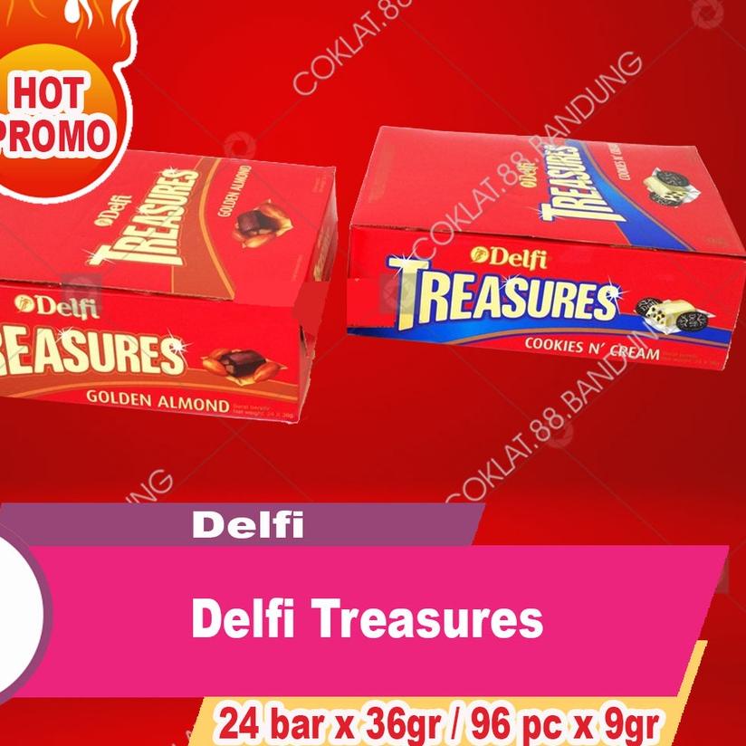 

❋ Delfi Treasure Box Isi 24 Bar X 36gr Golden Almond Cokelat, Coklat Delfi Treasures Cookies Cream 24 Pak 96 pcs X 9 gram Kiloan ✸