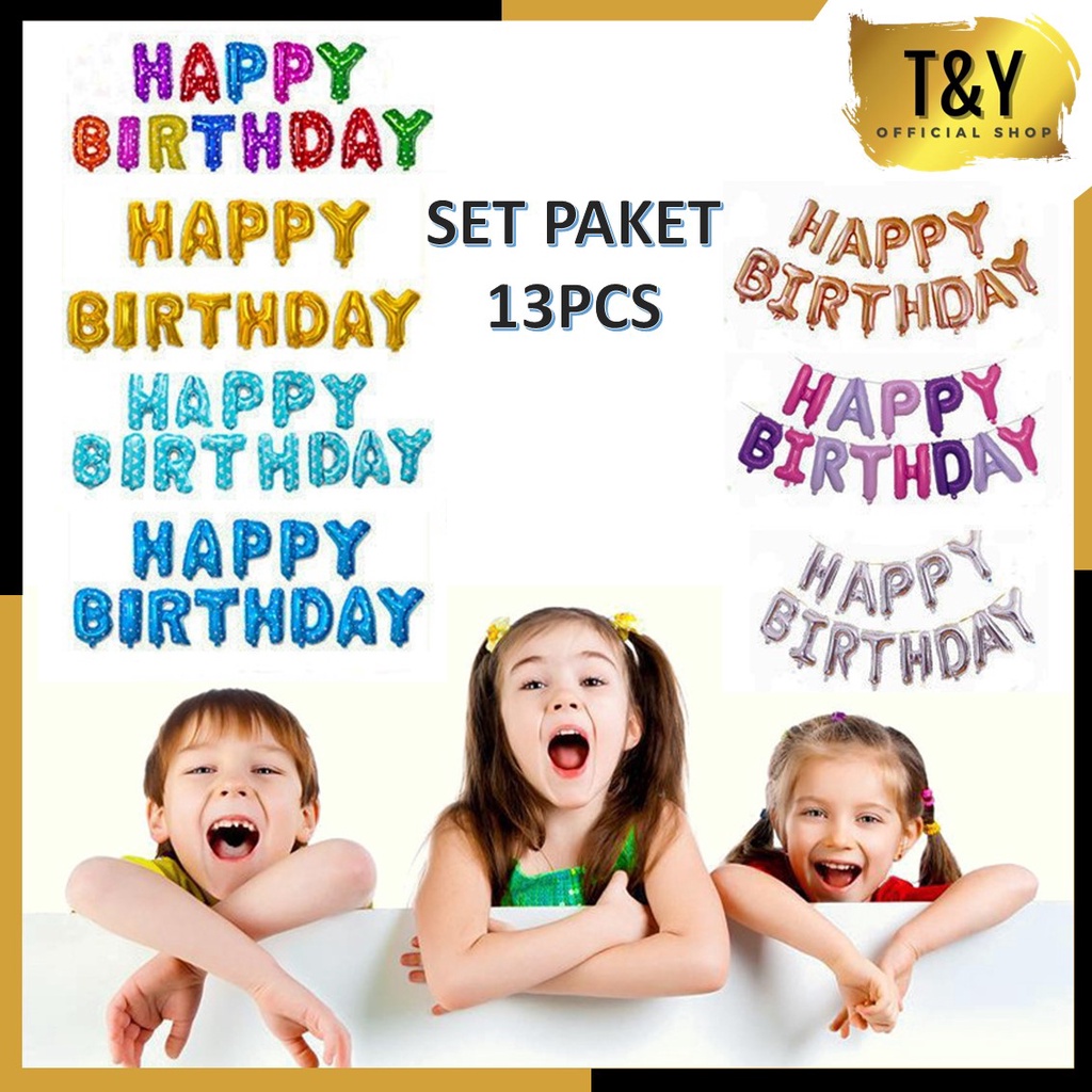 T&amp;Y Paket Balon Foil Happy Birthday Warna Warni 13Pcs 1 Set Balon Foil Rainbow 34 Cm Balon Ulang Tahun Balon Pesta Mix Warna Pastel Murah
