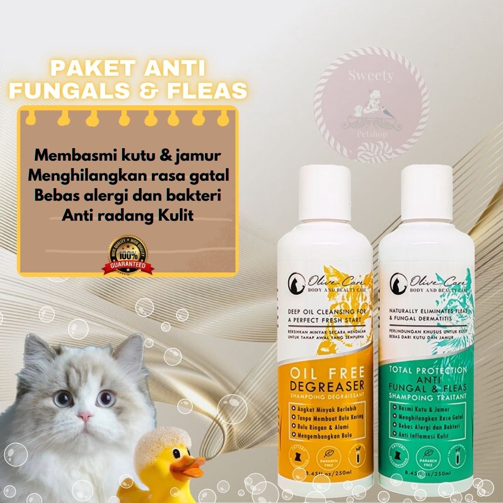 Olive Care Shampo Kucing Paket ANTI FUNGAL &amp; FLEAS untuk Basmi Jamur dan Kutu, Scabies, Ringworm dan Masalah Kulit SweetyPetshop