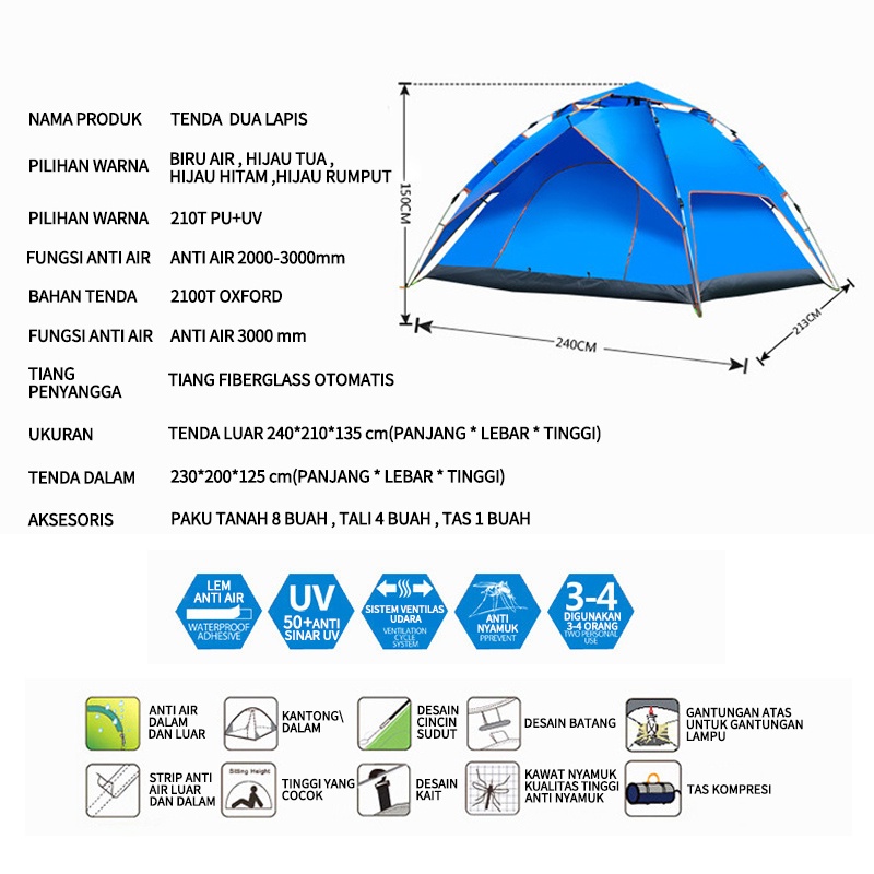 Triumph Tenda Camping Family Otomatis Piknik Gunung Mendaki 3-4 Orang Dengan Alas Tenda Anti Air