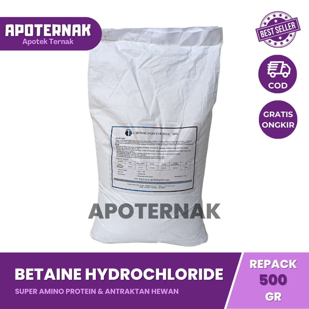 BETAINE HCL 500 gr | Super Amino Protein &amp; Atraktan Hewan Sapi Babi Ayam Burung Udang Kepiting Ikan | Betain Ternak