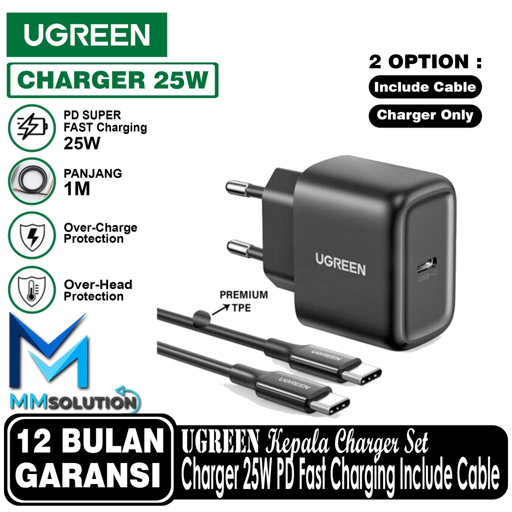 UGREEN Kepala Charger Set 25W + Kabel Type C Super Fast Charging PD