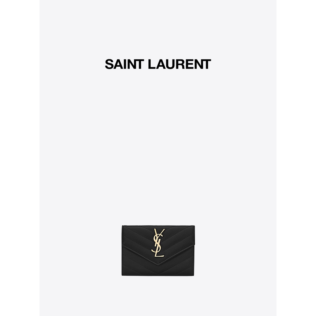 YSL/Saint Laurent Women's Black Small Letter Sign Grain Textured Embossed Leather Envelope Wallet Wo