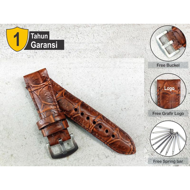 Tali Jam Tangan Kulit Asli Sapi Motif Buaya Coklat Size 20 mm Garansi 1 Tahun