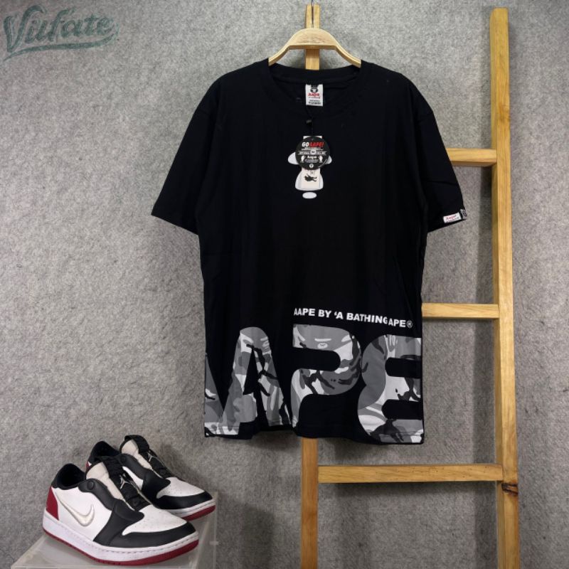 Baju Kaos Pria Aape By A Bathing Aape Logo Text Bawah Abu Hitam Mirror 1:1 Original Oversize