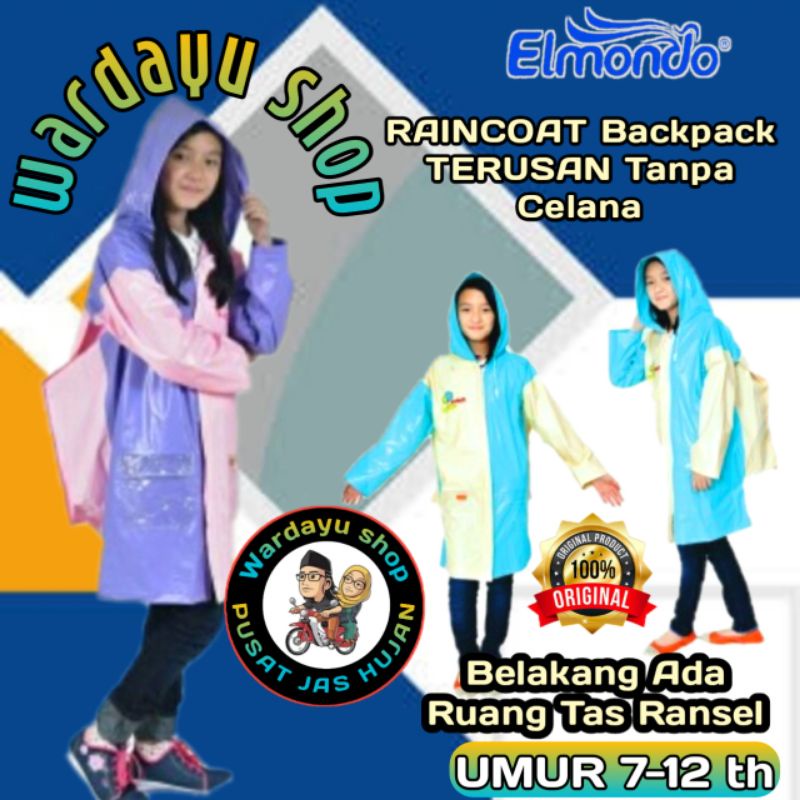 Jas Hujan Anak Perempuan Laki  Remaja SD SMP ABG Terusan Ponco Lengan 8-9-10-11-12-Tahun Elmondo Backpack Original / Mantel Raincoat Murah