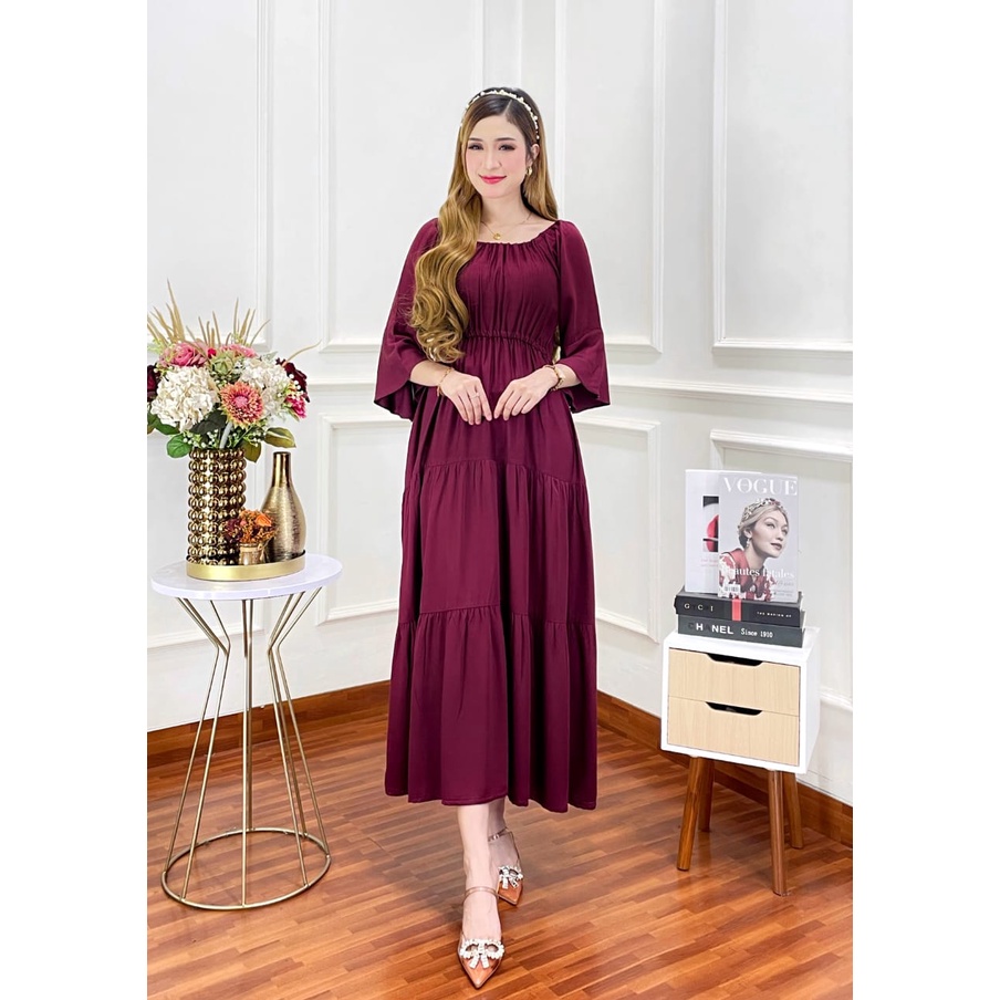 Midi dress sabrina susun rempel polos jumbo rayon twill