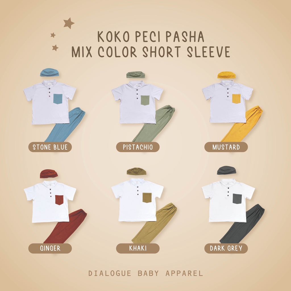 Baju Koko Muslim Anak Laki Laki Setelan Cowok Dialogue Baby Koko Peci PASHA Mix Color Short Sleeve 1-5 Tahun