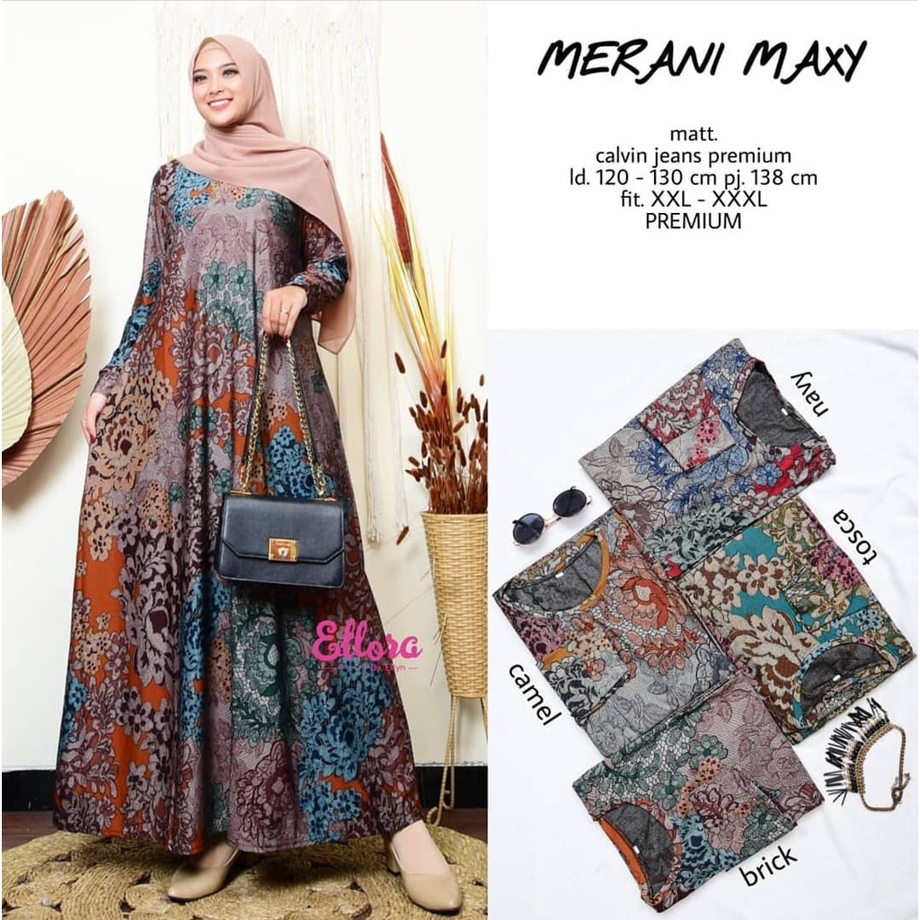 Merani Maxy Dress Muslim Batik Jumbo XXXL LD 130 Terbaru Dres Motif Batik Bahan Calvins Jeans Melar Baju Lebaran Kekinian Muslimah Remaja Wanita Seragaman Gamis Pengajian