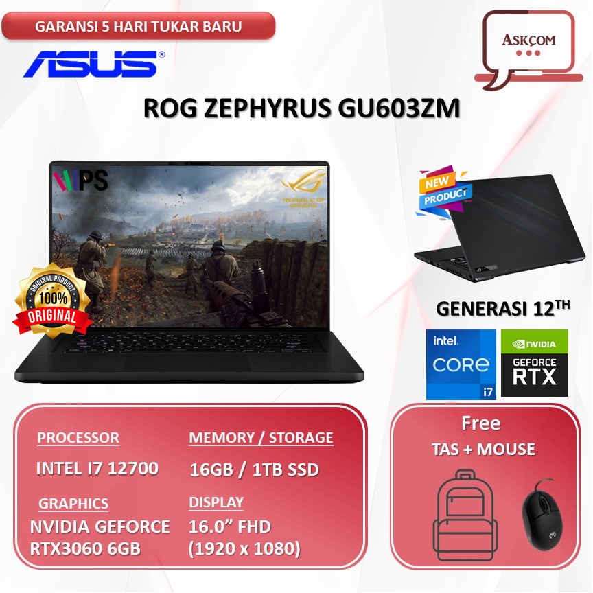 Laptop Gaming Asus Rog Zephyrus M16 GU603ZM RTX3060 6GB/ I7 12700 RAM 16GB 1TB SSD W11 16.0FHD