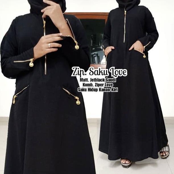 Abaya Gamis Hitam Arab Jetblack Ori Saudi Zipper Saku Love