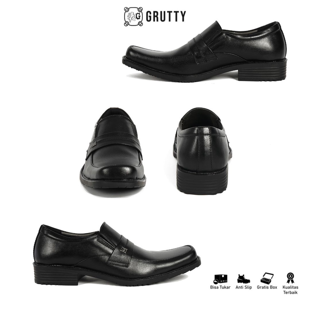 Sepatu Pria Formal Pantofel Kerja Kulit model slip on Grutty DC003 Hitam