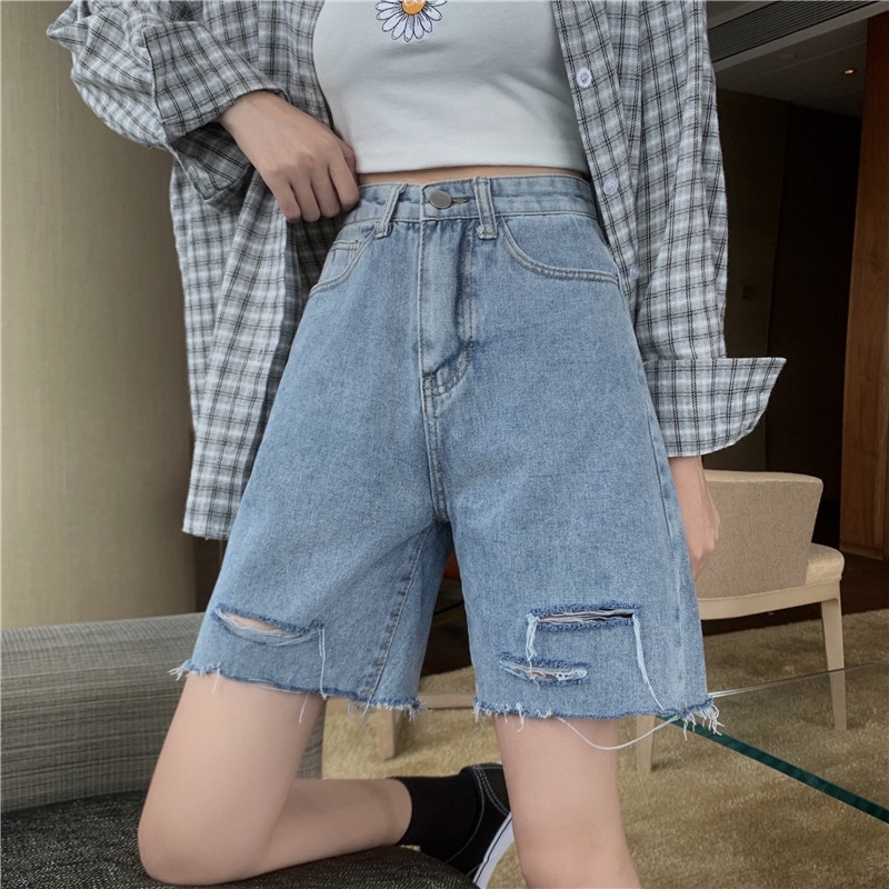 XiaoZhaiNv Celana Pendek Denim Sobek Wanita Korean Style Highwaist