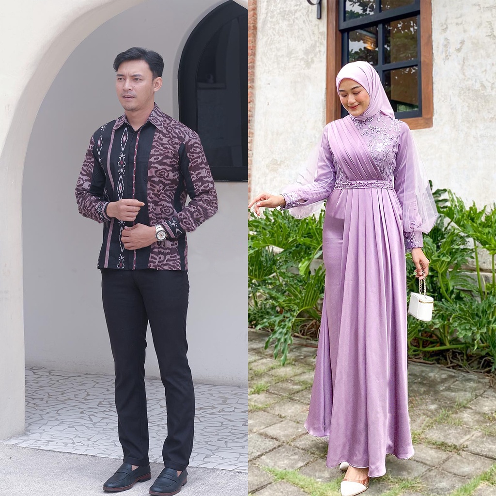 (NEW ARRIVAL) DRESS MELODY LILAC SERIES - Couple Gamis Batik Lebaran Kondangan Lamaran - Baju Couple Batik Pasangan Kemeja Lengan Panjang All Varian Size M L XL - Gamis Wanita Brukat Mix Tille Mutiara - Maxi Dress Modern Kekinian